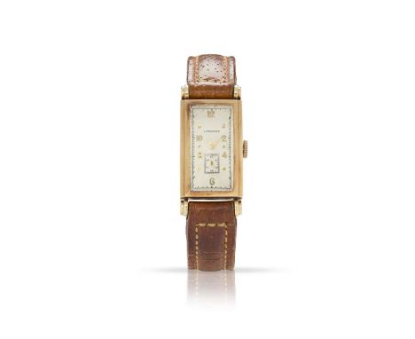  Longines. A fine 14k gold rectangular mechanical wristwatch No.430161, 1940s Cal.9L, manual 17 jewel movement, white dial, r