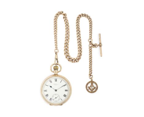  Waltham, USA. A 9k gold open-face keyless pocket watch with 9k gold chain Traveler, No.23525295, Dennison case hallmarked Bi