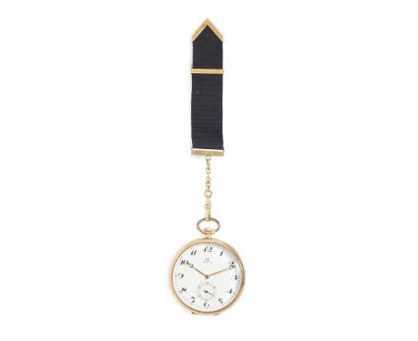  Omega. A 14k gold open face pocket watch with ribbon fob Case No.6490892, Movement No.6216570, made in the 1920s Mechanical 