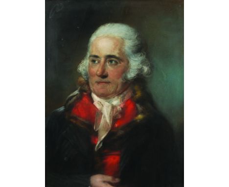 John Russell (1745-1806) British. Portrait of a Man, Wearing a Blue Coat, Red Waistcoat and White Cravat, Pastel, Signed, Ins