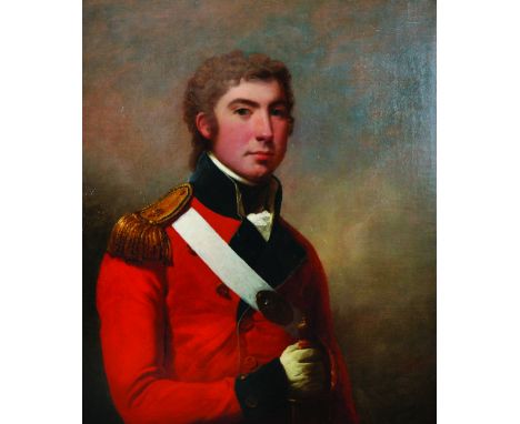 Arthur William Devis (1762-1822) British. Portrait of a Young Officer in a Red Uniform, Holding a Sword, Oil on Canvas, 30" x