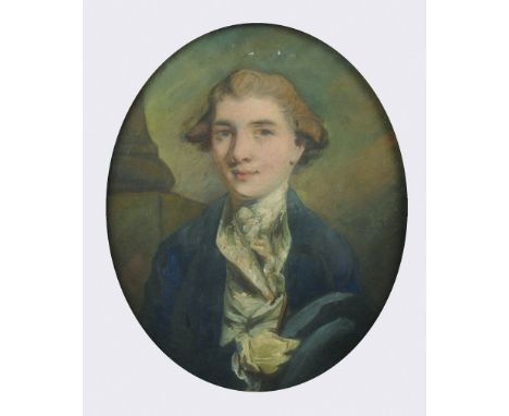 18th Century English School. Portrait of a Man, Dressed in a White Coat, with White Shirt and Cravat, Mixed Media, Oval, 12" 