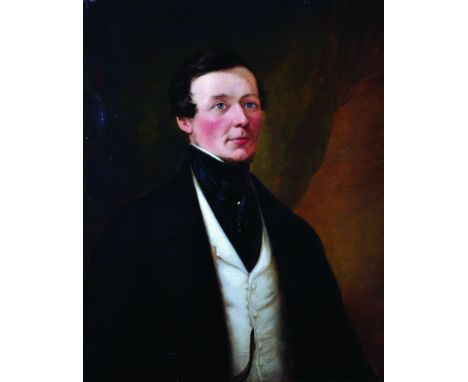 19th Century English School. Portrait of a Man, wearing a black coat with a white waistcoat, Oil on Canvas, Unframed, 30.5" x