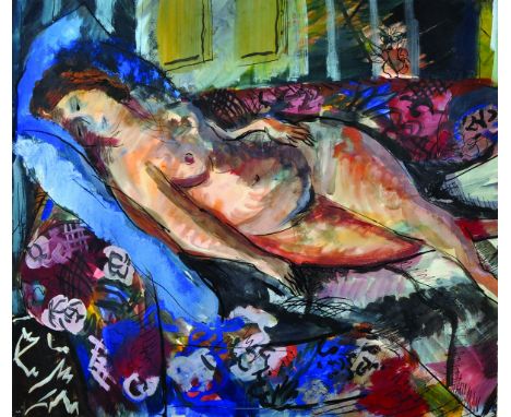 20th Century English School. A Reclining Nude on a Sofa, Mixed Media, 16" x 18".