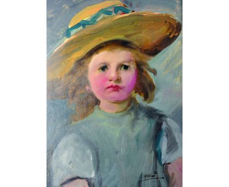 T... O'Donnell (20th Century) British. Portrait of a Young Girl, Wearing a Hat, Oil on Board, Signed, 16" x 12".