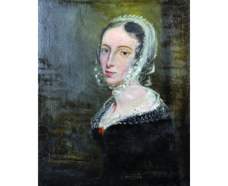 19th Century English School. Portrait of a Lady, with a White Bonnet, Oil on Canvas, Unframed, 24" x 20".