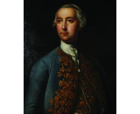 Circle of Pompeo Girolamo Batoni (1708-1787) Italian. Portrait of a Man, Dressed in Blue with Gold Edging, Oil on Canvas, 30"