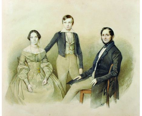 Theodor Schloepke (1812-1878) German. A Family Portrait Group, Watercolour and Pencil, Signed and Dated '43, 12.25" x 14.25".