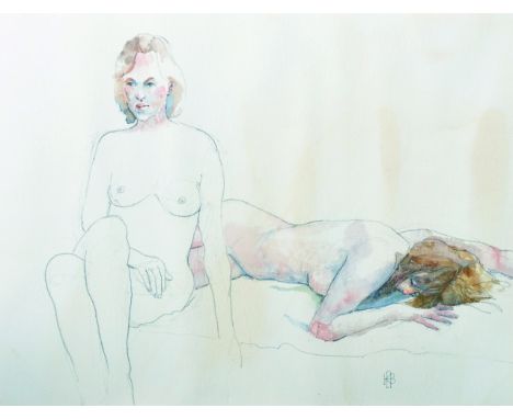 K... A... B... (20th Century) British. Two Naked Girls on a Bed, Watercolour, Signed with Monogram, Unframed, 12.5" x 16.5", 