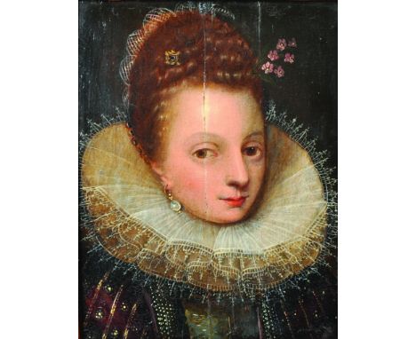 16th Century English School. Portrait of a Lady, wearing a Brown and Gold Dress, with a White Ruff, Oil on Panel, 10" x 8".