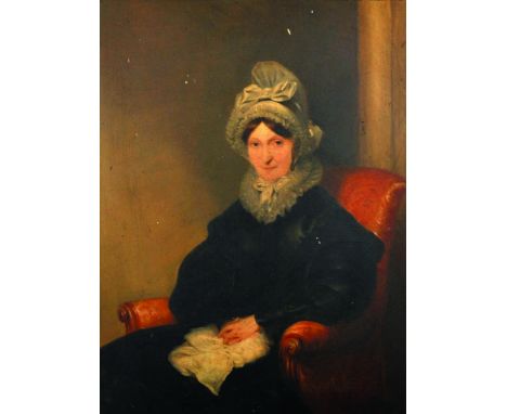 John Bridges (act.1818-1854) British. Portrait of a Lady, Seated in a Red Chair, Oil on Panel, Signed and Dated 1839, and Ind