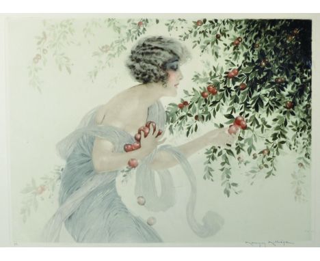 Maurice Milliere (1871-1946) French. An Elegant Lady Collecting Fruit, Lithograph, Signed in Pencil, overall 19" x 25".