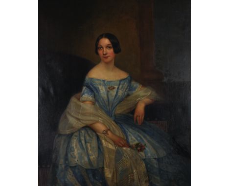 R. v. Herzer (19th Century) European. Portrait of a Lady, wearing a Blue and White Dress with a White Shawl, Holding a Posey 