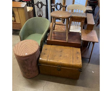 A tin trunk, oak wall shelf, occasional table, pair of Edward VII mahogany chairs, Lloyd Loom chair, linen box, etc.