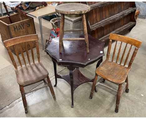 A pair of Victorian elm and beech kitchen chairs, stool and an Edward VII mahogany occasional table