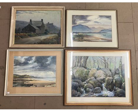 Fred Darking, two coastal landscapes, watercolour, woodland river scene, pastel and The Road to Harlech, oil on board, framed