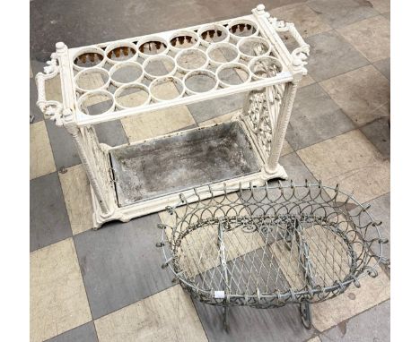A Victorian painted cast iron stick stand, manner of Coalbrookdale and a wire work planter