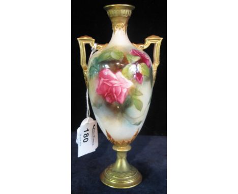 Royal Worcester porcelain two handled baluster vase, hand painted with roses within gilt borders, printed green marks to base