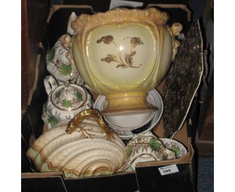 Tray of assorted china to include: 19th Century Staffordshire green and gilt teaware to include: teapot; bowls; cups and sauc