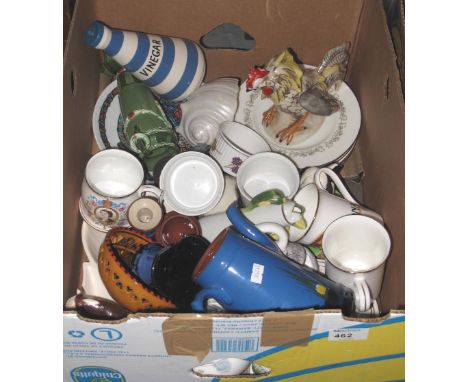 Box of assorted china to include: Royal Worcester ramekins; Continental study of a cockerel; Staffordshire Chef ware vinegar 