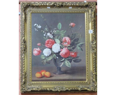 After the Old Master, still life study of roses and fruit, coloured print on canvas.  Gilt frame.