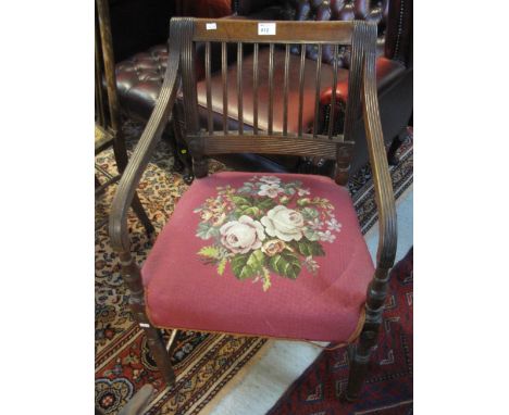 19th Century mahogany, reed moulded elbow chair with later tapestry seat.