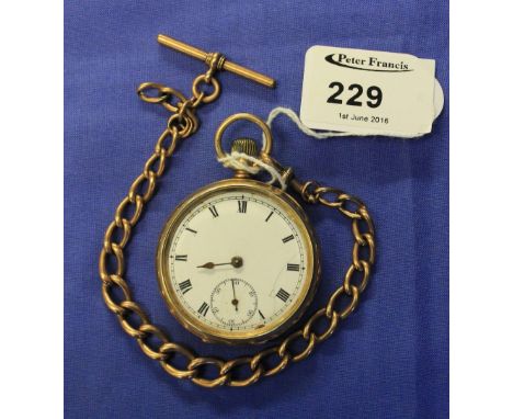 Gent's 9ct gold pocket watch with 9ct inner flap, enamel face together with 9ct gold T bar chain.