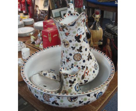 Burslem 'Pekin' floral jug and basin set with soap dish and toothbrush holder.