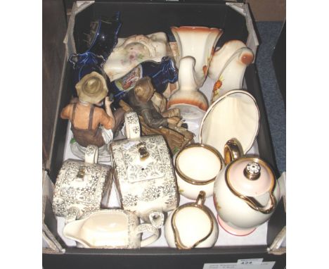 Tray of assorted china to include: Saddler hunting scene teapot and matching milk jug and sucrier; Continental figures and va