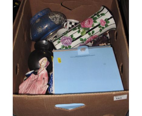 Box of assorted china to include: Wedgwood and Danbury Mint collectors plates; Japanese coffee cans and saucers; large Carlto