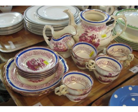 Tray of 19th Century Staffordshire pink lustre figural teaware to include: teacups and saucers; teapot; milk jug and various 