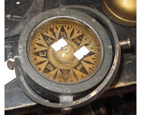 Small British Naval, grey painted gimballed brass compass marked: Henry Hughes &amp; Son Ltd.