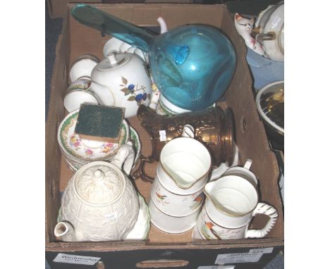 Tray of assorted china to include: copper lustre dancing ladies dresser jug; Roslyn fine bone china Shaftsbury teaware; Royal