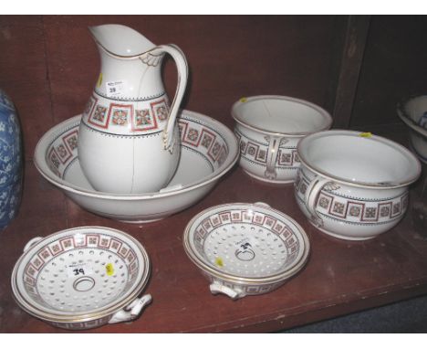 Staffordshire Pottery jug and basin set with two soap dishes and two chamber pots etc. (8)