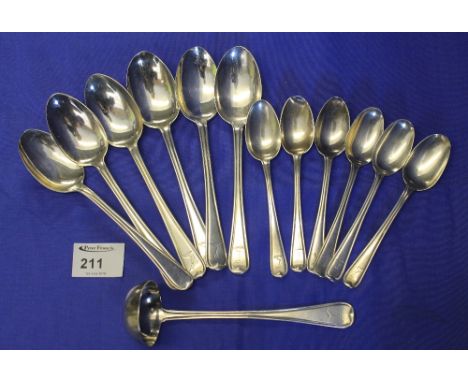 Bag of assorted silver spoons to include: ladle; teaspoons and dessert spoons, all with armorial device, arm and dagger, Glas