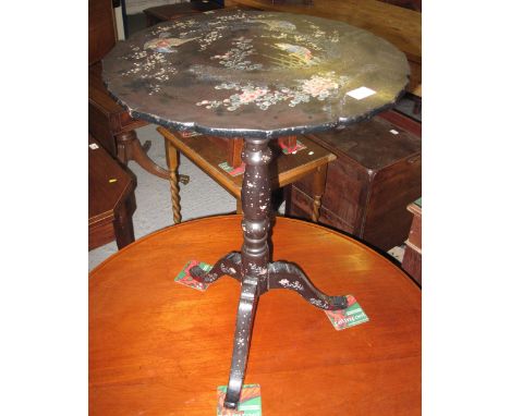 Victorian ebonised tripod occasional table inlaid with mother-of-pearl bird amongst foliage decoration.