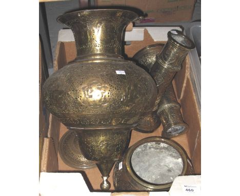 Box of assorted brass Indian Benares items to include: hanging light fitting or censer; pair of cylinder vases etc. CONDITION