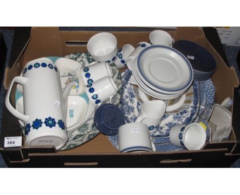 Tray of assorted china to include: studio J & G Meakin coffee set; Midwinter Style Craft cannes; three section snack tray; St