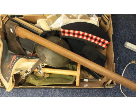 Collection of militaria and other related items including two Scottish caps; various webbing items; cased silver plated trave