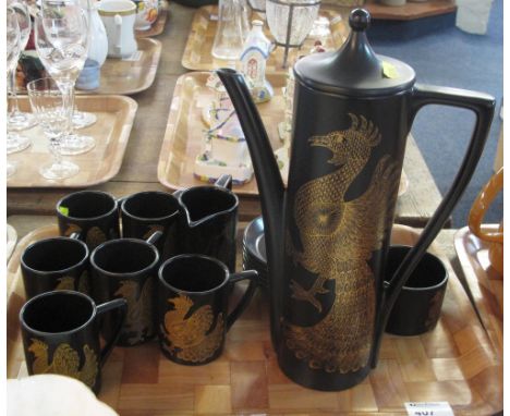 Tray of Portmeirion pottery designed by Susan Williams Ellis, 'Phoenix design' coffee set comprising coffee cans and saucers;