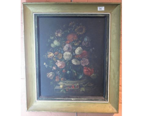 After the Old Master, Dutch style still life study of a vase of flowers, oils on hardboard.  Framed.