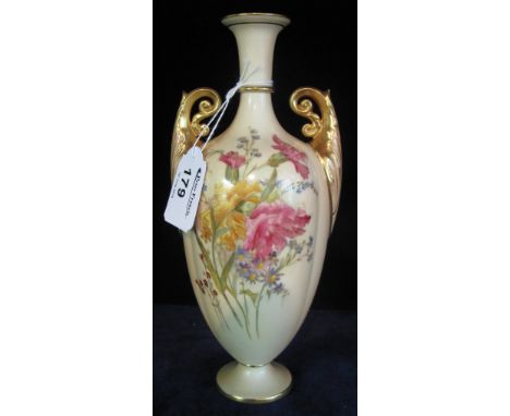 Royal Worcester porcelain blush ivory vase having two scrolled and gilt handles within gilt borders and hand painted floral s