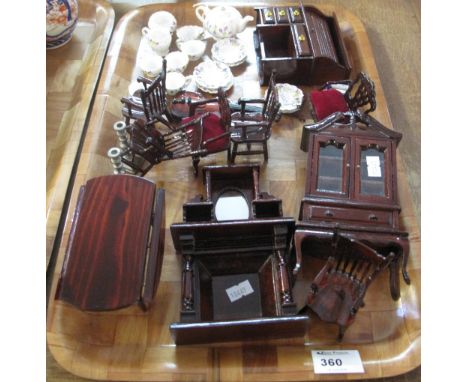 Tray of modern dolls furniture etc. to include: roll top desk; bookcase; mirror back sideboard; chairs; candle sticks; violin