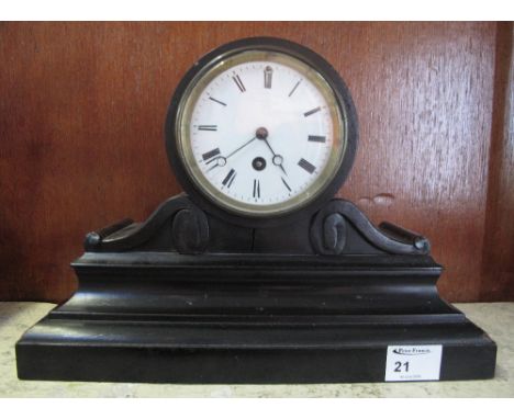 19th Century ebonised wooden drum head shaped clock with white enamel face and French brass drum movement.