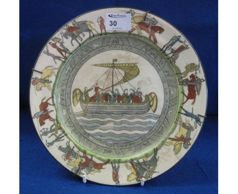 Royal Doulton Pottery Bayeux tapestry transfer printed plate. D2873, printed marks.