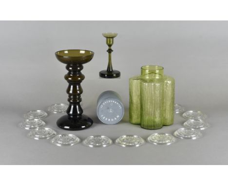 A small group of European glass items, to include a boxed set of 12 clear glass coasters by Leerdam, a quatrefoil vase of rou