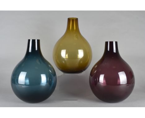 Attributed to Whitefriars, a trio of very large moulded onion shaped floor vases, in Amethyst 35 cm, Midnight Blue and Amber 