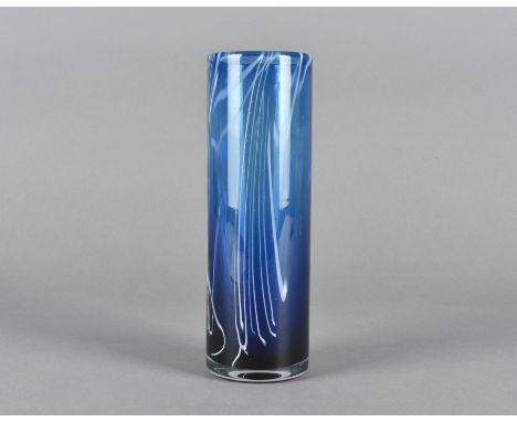 Geoffrey Baxter for Whitefriars, a glass cylinder vase with white enamel trails on a dark blue ground, cased in clear, 22 cm.