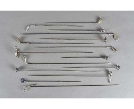 A collection of silver hatpins, including one with terminal modelled as a curlew, Birmingham 1912; six as golf clubs, two wit