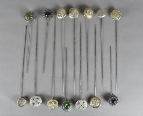 A collection of 14 early 20th Century 'Norene'/pomander hatpins, including seven pairs, some inset with paste stones, embosse